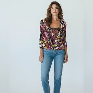 Cache 2 piece knit  shrug bolero sweater and tube top abstract paisley pattern.